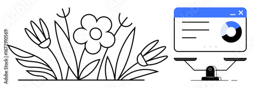 Delicate flowers symbolizing nature on one side, a digital data screen with a pie chart on the other, balancing on scales. Ideal for sustainability, eco-business, technology impact, harmony