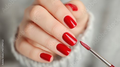 Female hand with glossy red manicure holding brush for precise nail art