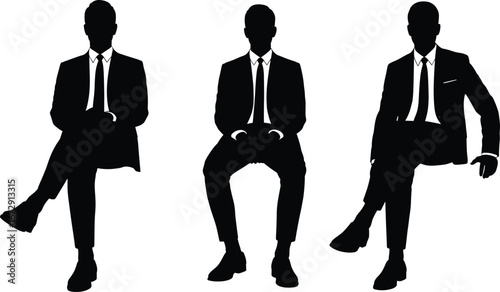 Silhouette of businessman sitting on chair, formal suit, crossed legs, professional posture, corporate style, office man, business vector illustration