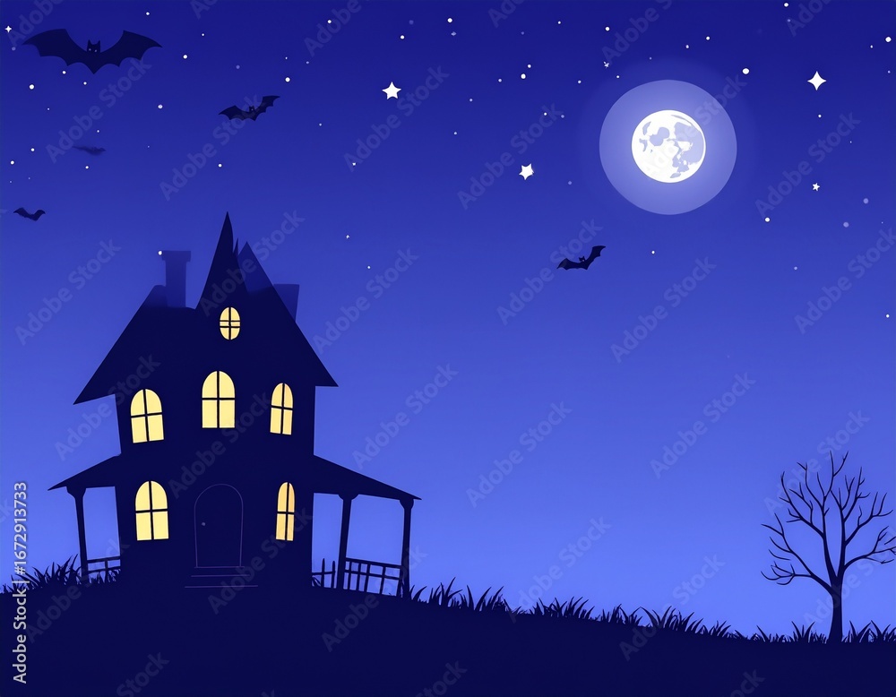 Naklejka premium Silhouette of a spooky haunted house at night, with bats and a full moon.