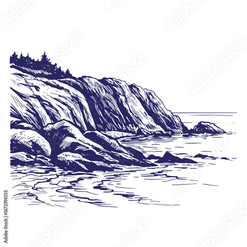 Hand drawn illustration of a rocky coastal cliff and calm ocean landscape scenery