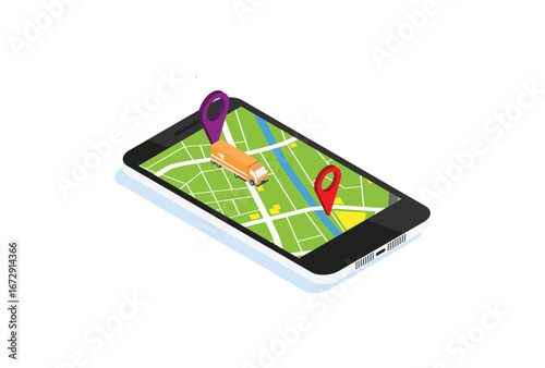 Online delivery tracking concept isometric icon. Vector illustration. Smart post technology on digital tablet or mobile phone. Track checker application.