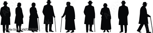 Silhouette of elderly men and women in vintage clothing with walking canes, senior people standing and walking, old age vector illustration