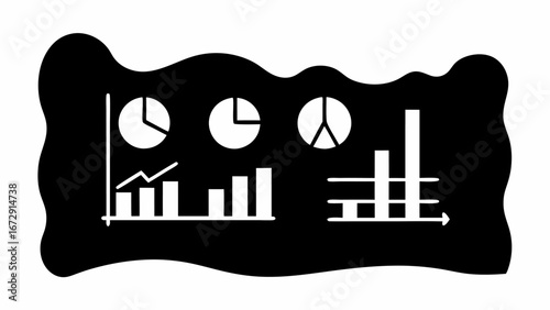 Illustration of various types of charts and graphs in white on a black background with a wavy border design silhouette