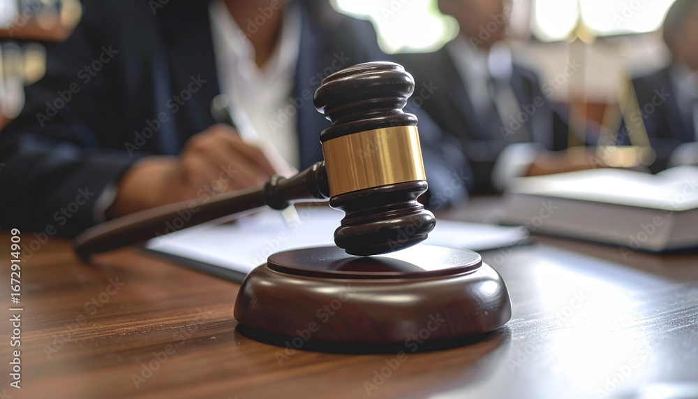 Close-up of a wooden judge's hammer resting on a court desk, with a writing lawyer in the blurry background Close-up of a wooden judge's hammer resting on a court desk, with a writing lawyer in the blurry background