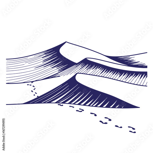 Hand-drawn illustration of desert sand dunes with footprints depicting travel and adventure.