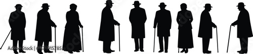 Silhouette of elderly men and women standing with walking canes, senior people in coat and hat, old age vector illustration