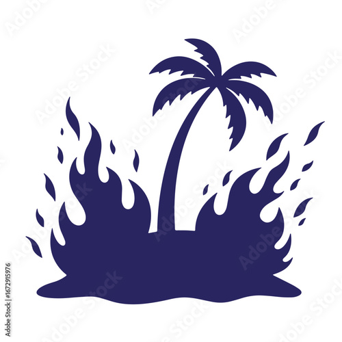 Palm tree surrounded by flames illustrating environmental disaster and climate change threat