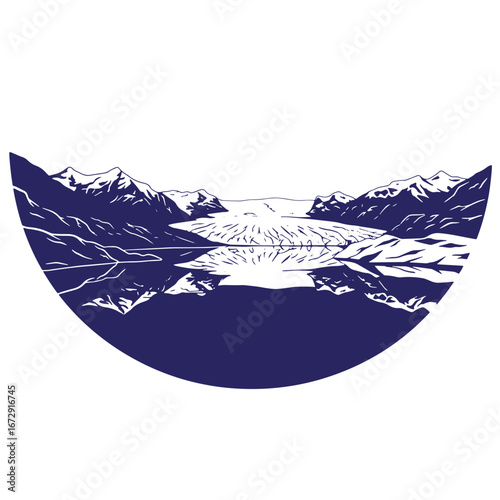 Scenic illustration of a mountain lake and glaciers reflecting in the still water.
