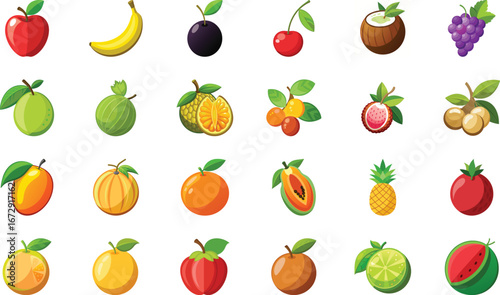 Collection of twenty colorful cartoon fruits on white background apple banana