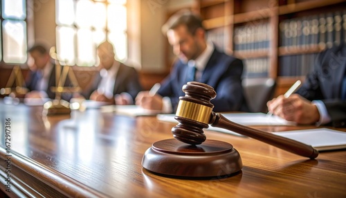 Close-up of a wooden judge's hammer resting on a court desk, with a writing lawyer in the blurry background
