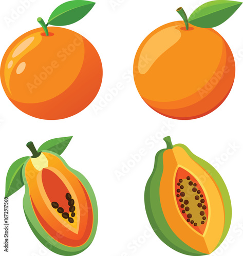 Two whole oranges and two halves of papaya on white background fruit half