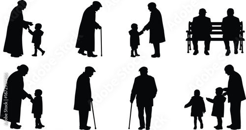 Silhouette of grandparents with children, elderly people with cane, family bonding, generations together, vector illustration of love and care