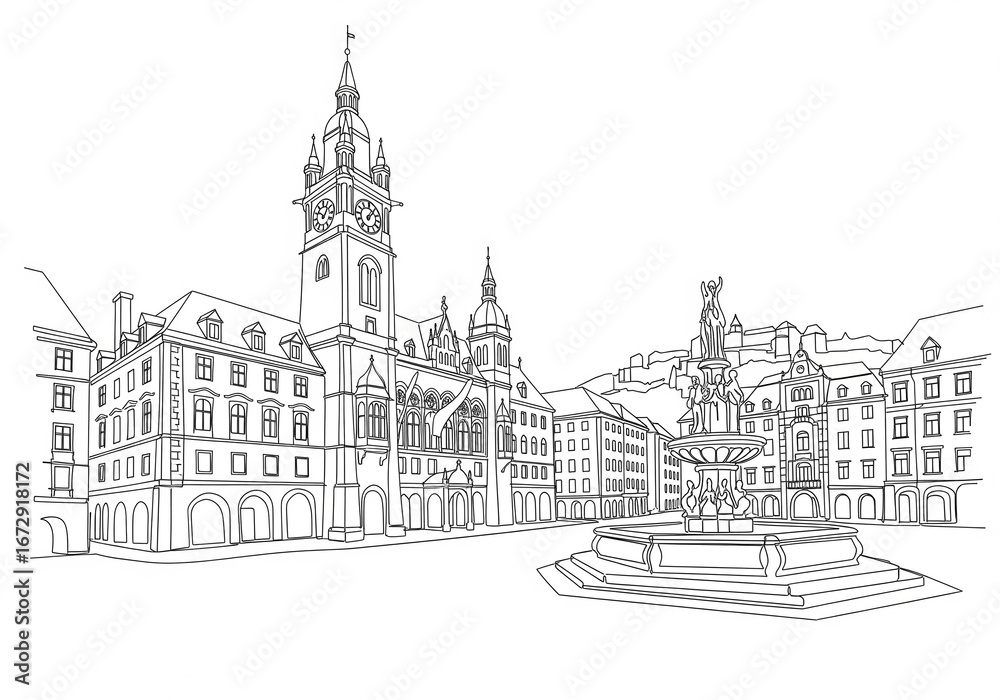 Obraz premium Graz Main Square (Hauptplatz) in Austria one line drawing style 