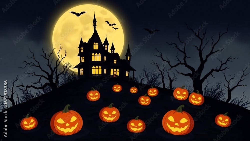 Fototapeta premium Spooky halloween night with a haunted mansion glowing pumpkins and flying bats
