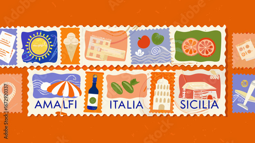 Italian travel stamps featuring landmarks food and sun
