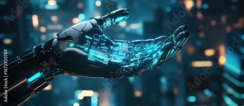 View of Cyborg hand holding Smart city user interface with icon, stats and data 3d rendering