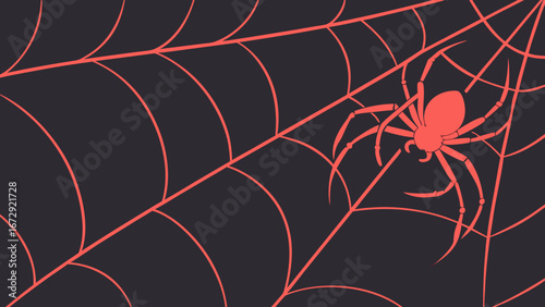 Illustration of a spider in its web with a dark background and pink lines creating the web