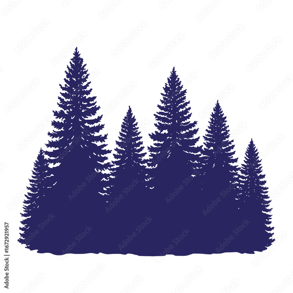 Obraz premium Silhouetted forest of pine trees in deep blue against a plain white background