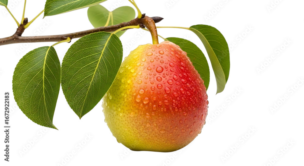 Obraz premium Freshly picked pear with glistening water droplets, ideal for healthy eating campaigns, modern food blogs, and vibrant summer promotions
