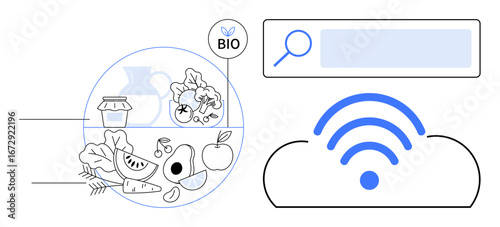 Fresh vegetables, fruits, and groceries labeled BIO in a circular frame beside a search bar and cloud with wireless symbol. Ideal for tech, organic lifestyle, eco-consciousness, agriculture, online