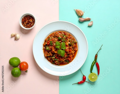 A vibrant and spicy homemade tomato and chili relish served in a white bowl with fresh ingredients like garlic and lime on a colorful pastel background