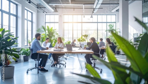 Team of business professionals is having a productive meeting in a modern office filled with natural light and lush green plants, fostering a positive and eco-conscious work environment 