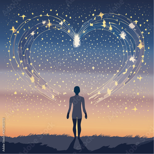 celestial compassion constellations forming hearts above gazing figure