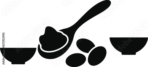 Silhouette of a spoon with creamy substance and three small bowls