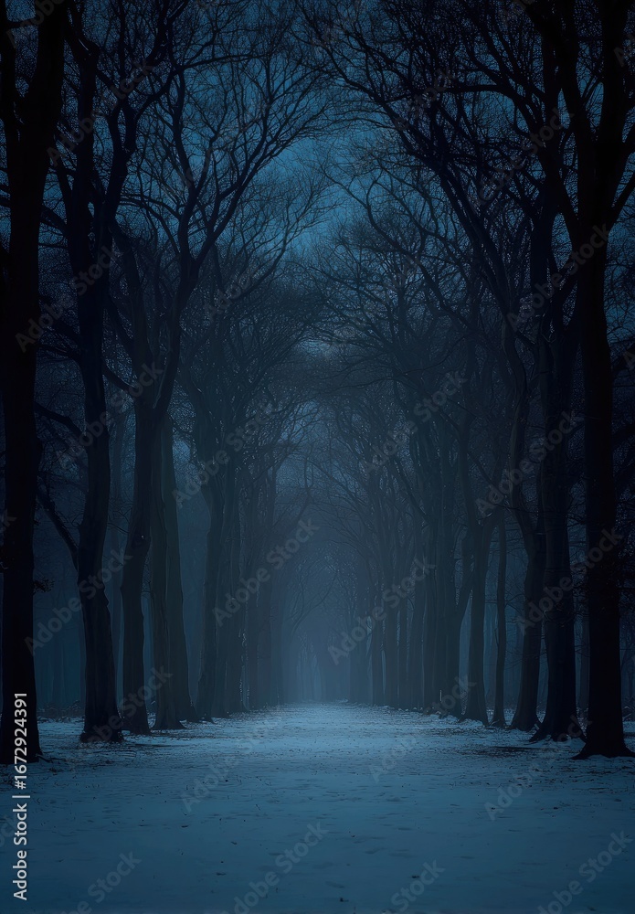 Obraz premium Misty winter path through dark trees