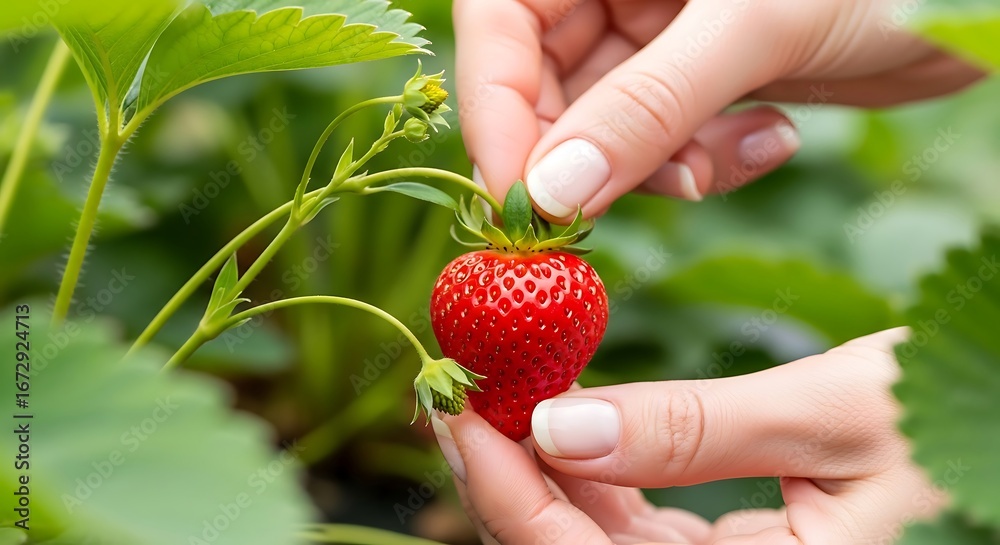 Obraz premium A macro photo of hands picking a ripe, red strawberry. Perfect for themes of freshness, organic food, and healthy eating.