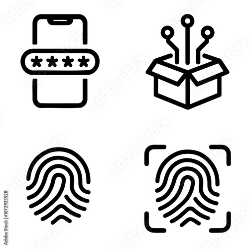 Vector Depiction of security measures including phone lock, iot, and fingerprint scans on transparent background