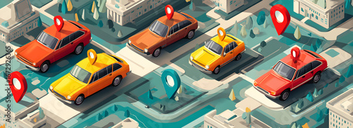 Rental car concept with transportation and fleet. Isometric city map with taxis and GPS location pins for ride hailing and navigation