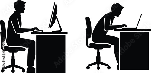 Silhouette of office worker sitting at desk, correct posture, wrong posture, ergonomic chair, laptop computer, workplace health, business vector