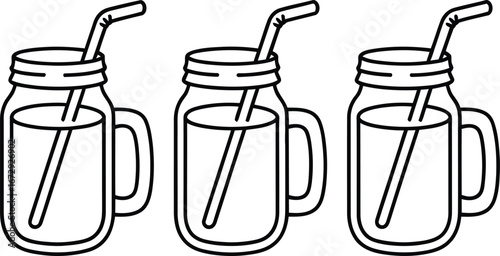 Three hand drawn mason jar drinks with straws