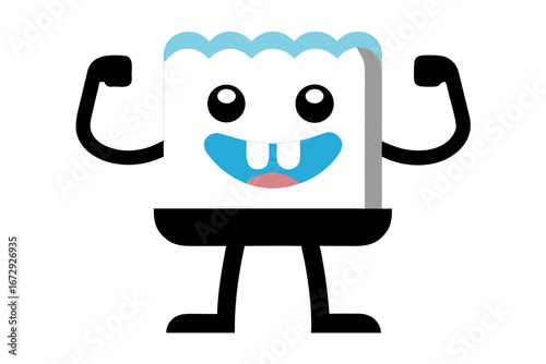 Happy cartoon character flexing muscles with big teeth smiling