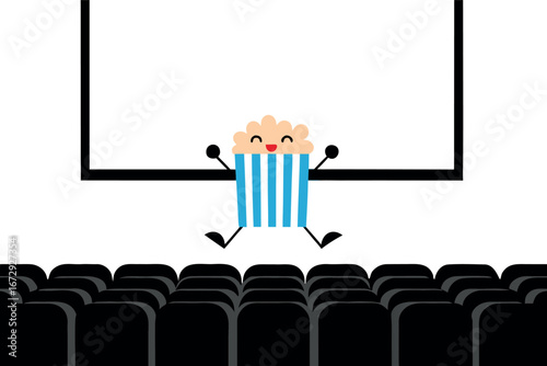Excited popcorn character jumping in front of movie screen and seats cinema theater