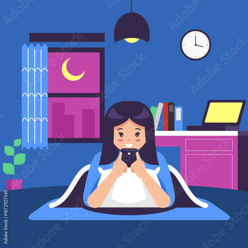girl lying down and playing smartphone on the bed at night, bad habits of teenagers