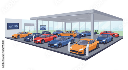 A car dealership showroom with multiple sports cars on display