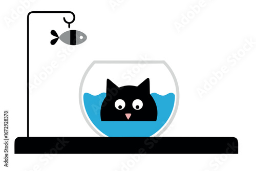 Black cat peeking out of a fishbowl with a dangling toy fish kitten animal