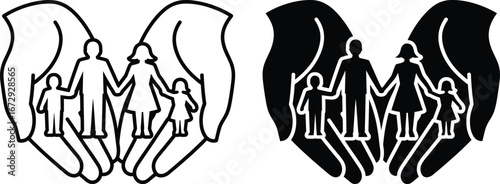 Two stylized hands cupping a family silhouette in black and white