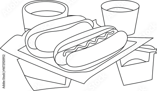 Hand drawn outline of two hot dogs with fries and drinks on a napkin