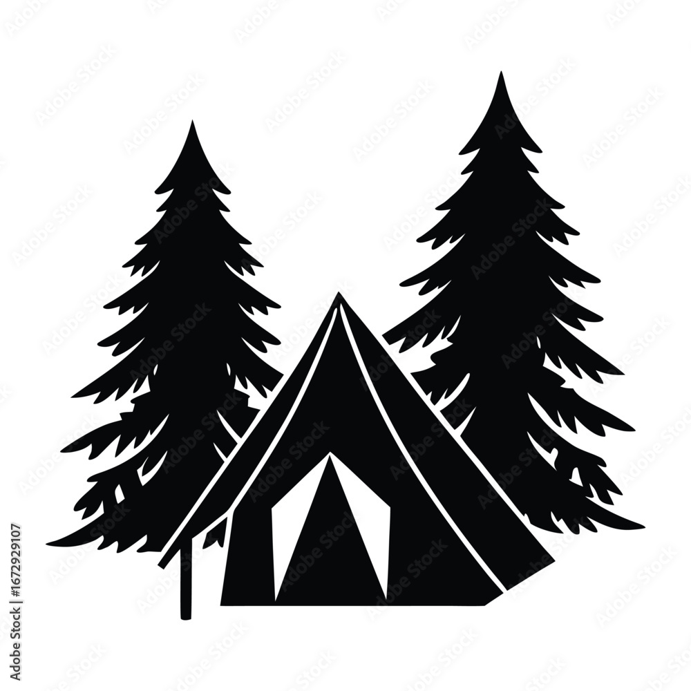 Obraz premium Camping Silhouette Tent in Pine Trees Graphic Design on White Background