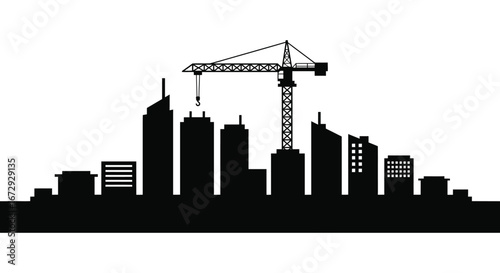 City skyline with construction crane silhouette against white background