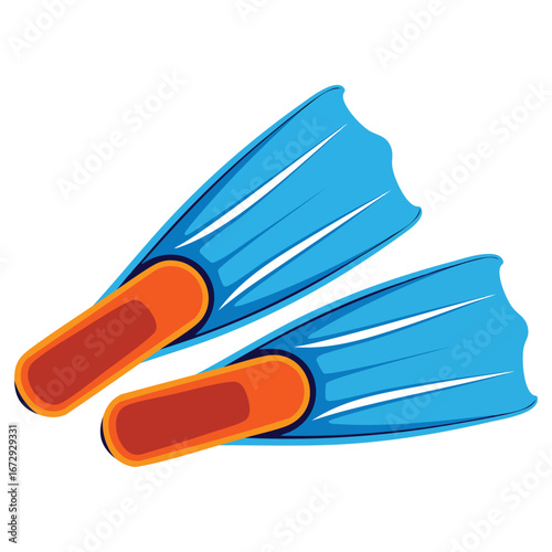 Blue and orange flippers isolated on white background in flat vector illustration, ideal for swimming equipment designs and summer themed visuals.