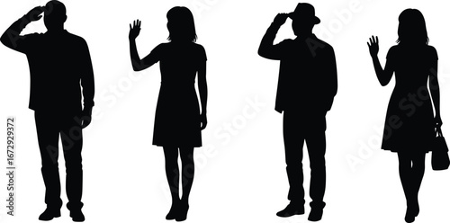 Silhouette of people waving hand, man with hat, woman holding bag, standing greeting pose, vector illustration of human communication