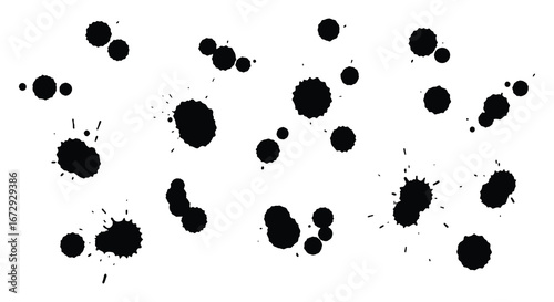 Black ink splatters on a white background