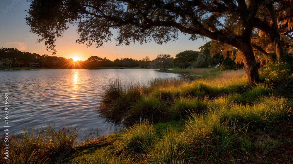 Golden Hour Serenity Lakeside Landscape Featuring Towering Tree Golden Hour Serenity Lakeside Landscape Featuring Towering Tree