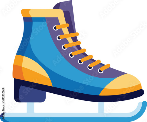 Vector art of a blue and yellow figure skate with orange laces, isolated on a