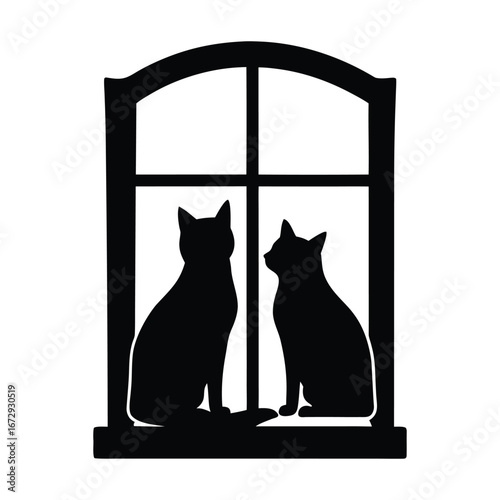 Adorable Cat Silhouette in Window Image Download Free on White Background